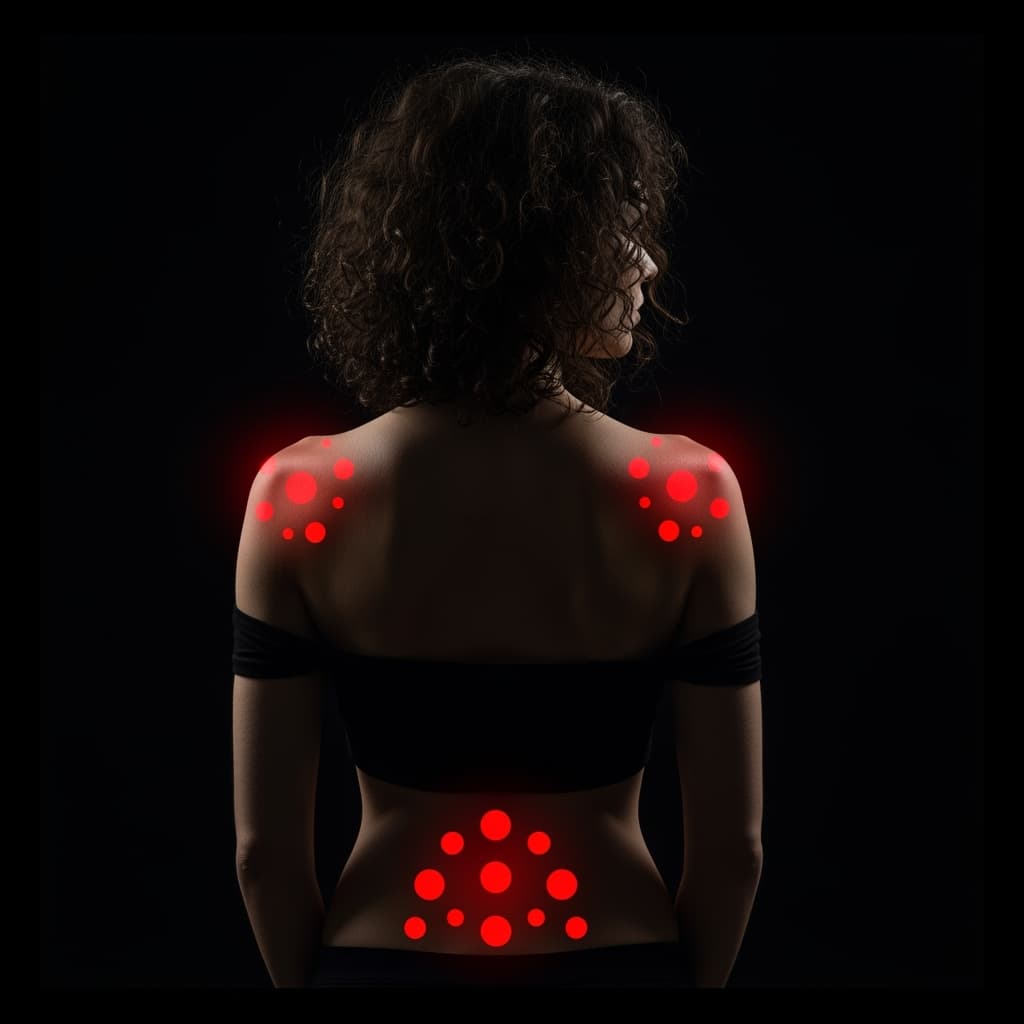 Back_Pain_and_Tension_Points_in_Women A moody image of a woman with curly hair, shown from behind against a black background. Red dots highlight common pain areas on her shoulders and lower back, representing muscle tension and discomfort often addressed through deep tissue massage.