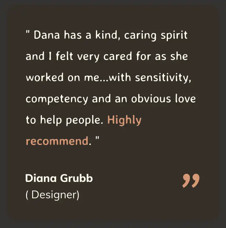 Client testimonial highlighting Dana’s kind, caring spirit, sensitivity, competency, and genuine love for helping people, with a strong recommendation. kind_caring_spirit_deep_tissue_testimonial_danas_wellness